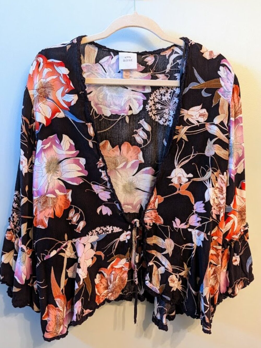 Knox Rose Floral Tie-Front Boho Kimono Cardigan Blouse XL